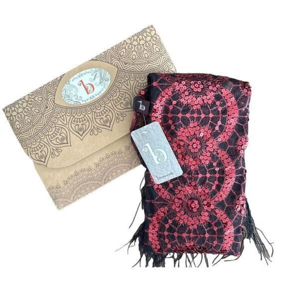 Bohomonde Red Black Sequin Lace Wrap Scarf Fringe‎ Shawl Bohemian NWT